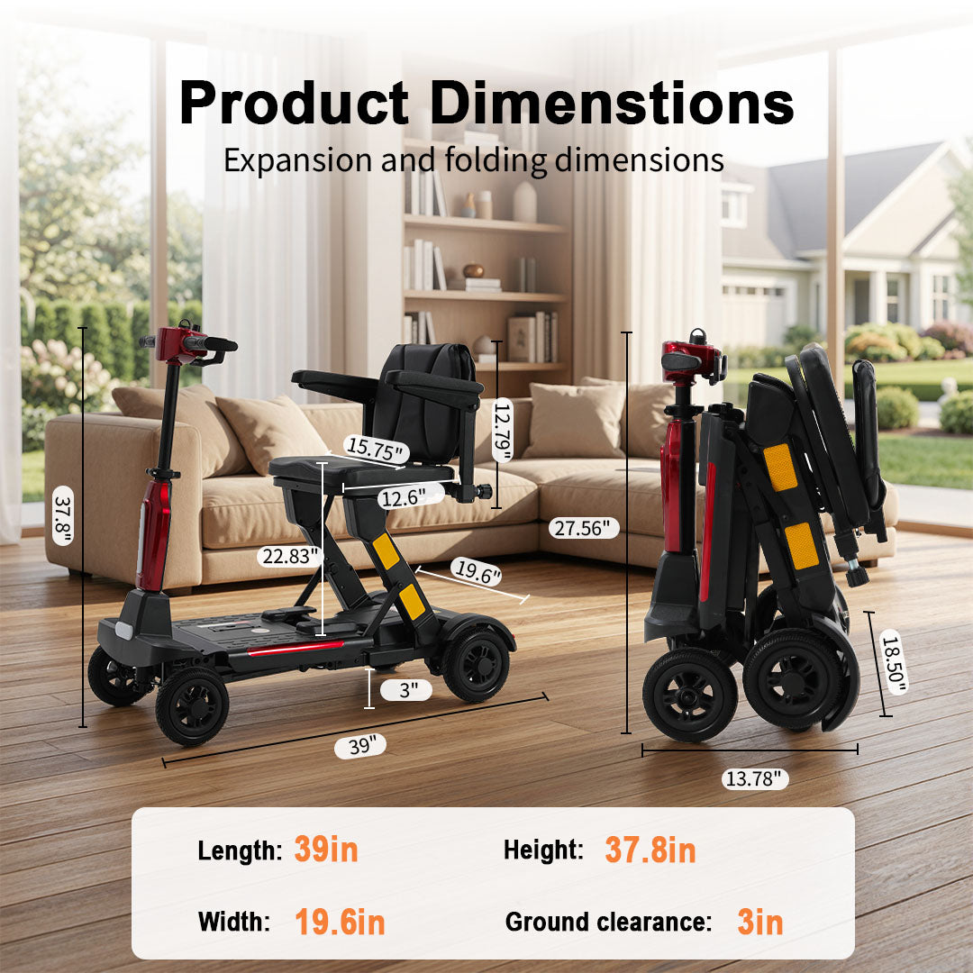 ECOMOBI MS02F-Ultra Automatic Folding Mobility Scooter for Seniors – 15-Mile Range | 330 lbs Capacity | Airline Approved